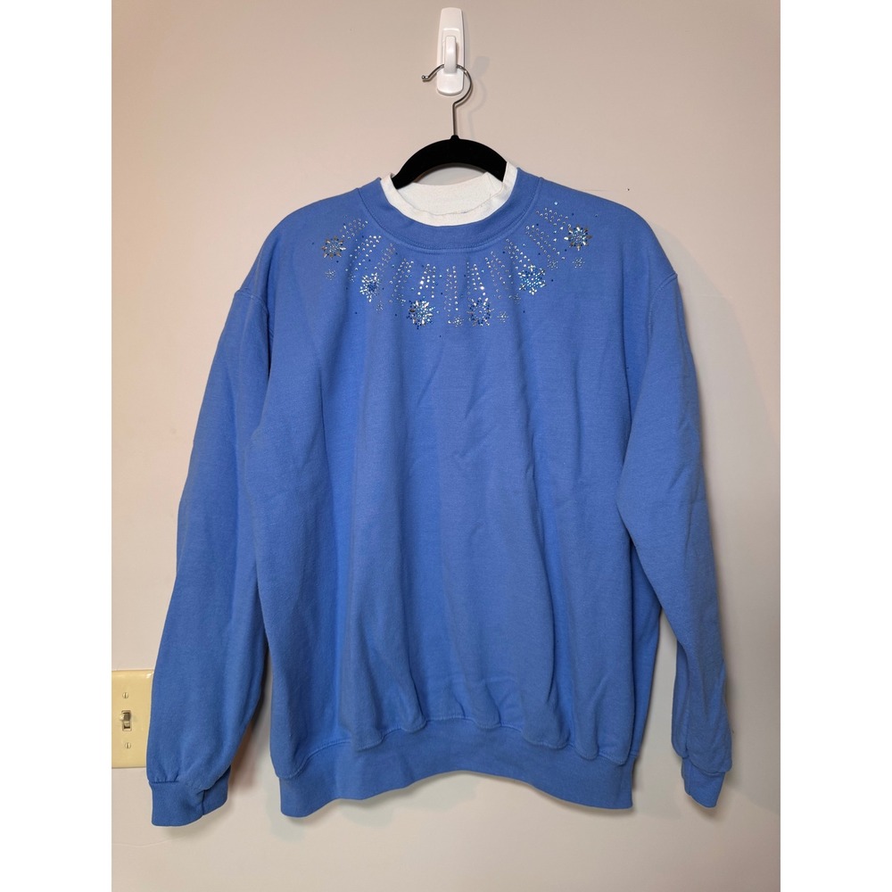 Top Stitch by Morning Sun Blue Rhinestone Snowflake Sweatshirt XL Double Collar